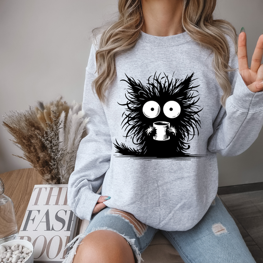 Coffee Cat - Sudadera de cuello redondo (gris)