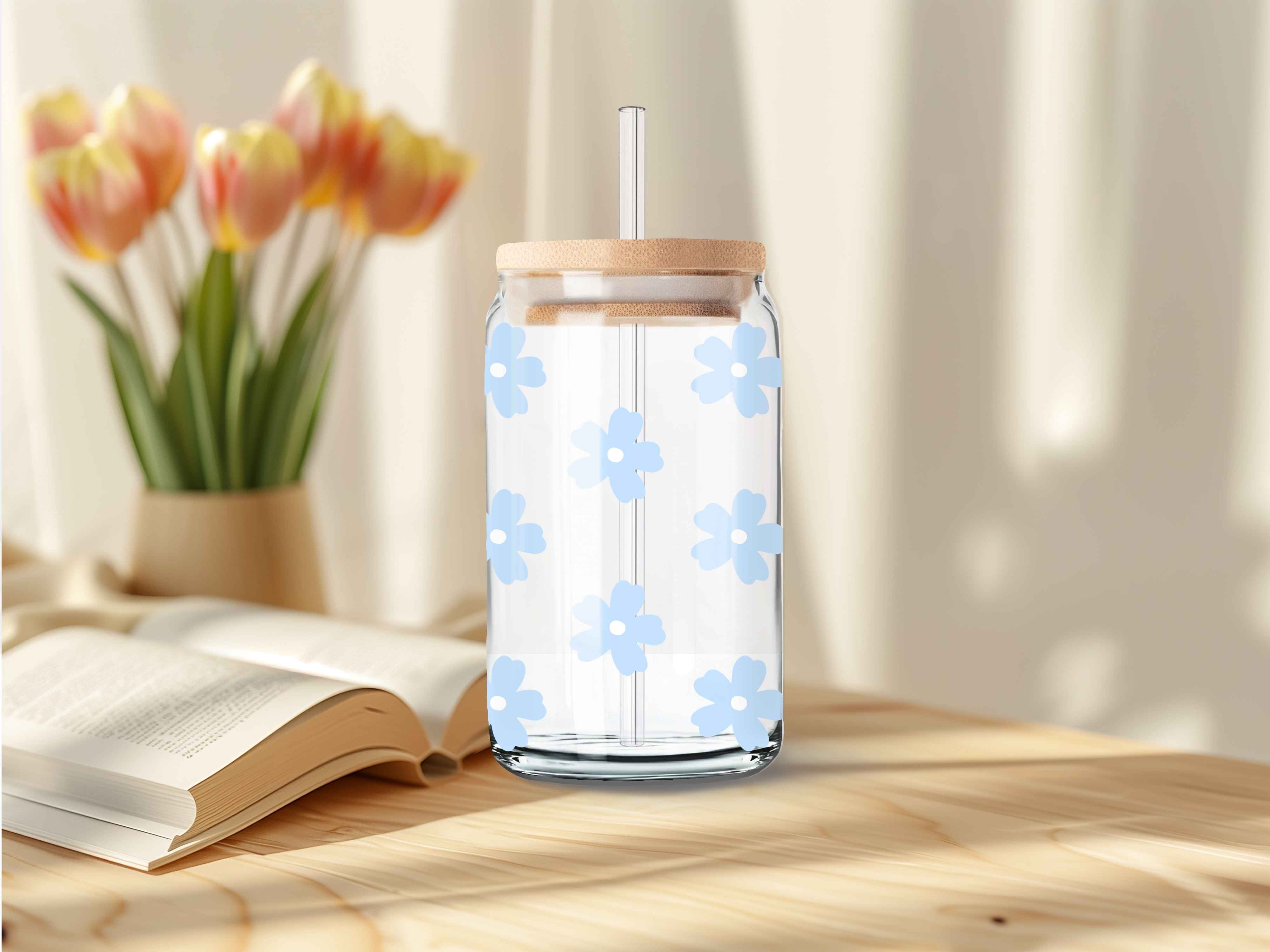 Florales Azul  🌸 - 500 ml vaso de vidrio